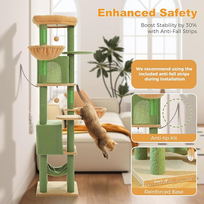 71.2" Large Cat Tree for Multi-Cat Households - 9-Level Cat Tower w/5 Sisal Scratching Posts, 2 Condos, Soft Hammock, Top Perch &amp; Pom Poms - Heavy-Duty Space-Saving Design, Cactus Green