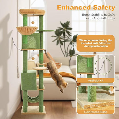 71.2" Large Cat Tree for Multi-Cat Households - 9-Level Cat Tower w/5 Sisal Scratching Posts, 2 Condos, Soft Hammock, Top Perch &amp; Pom Poms - Heavy-Duty Space-Saving Design, Cactus Green
