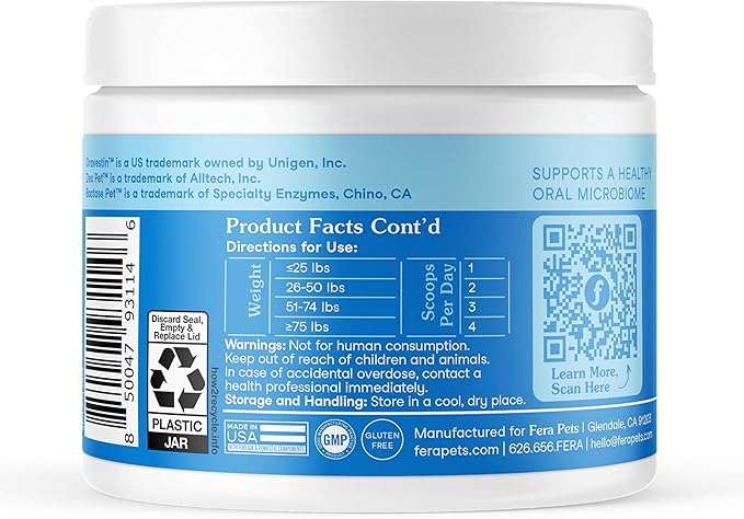 Fera Pets Cat &amp; Dog Dental Support Powder - Supports Fresh Breath - Promotes Healthy Teeth and Gums - Targets Tartar Build-Up - Includes Kelp, Enzymes &amp; Postbiotics - 60 Scoops