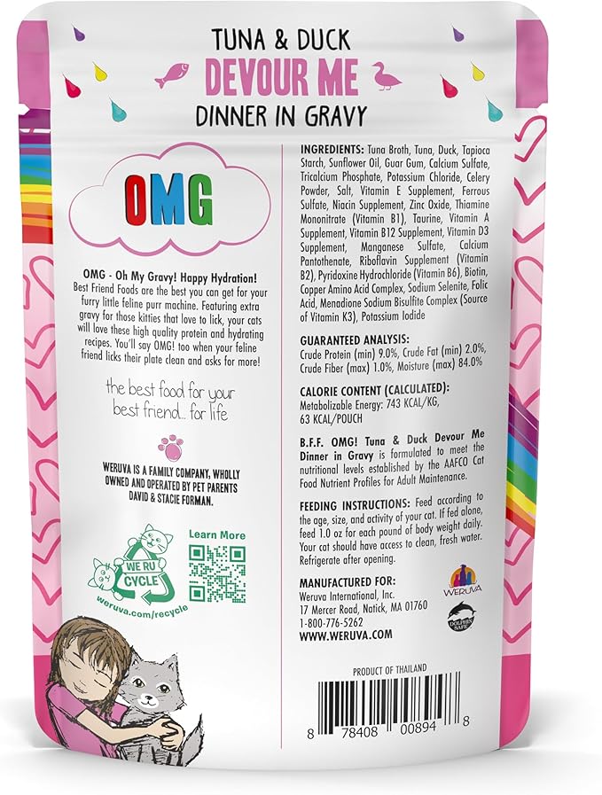 Weruva B.F.F. OMG - Best Feline Friend Oh My Gravy!, Tuna &amp; Duck Devour Me with Tuna &amp; Duck in Gravy Cat Food, 3oz Pouch (Pack of 12)