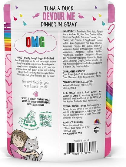 Weruva B.F.F. OMG - Best Feline Friend Oh My Gravy!, Tuna &amp; Duck Devour Me with Tuna &amp; Duck in Gravy Cat Food, 3oz Pouch (Pack of 12)
