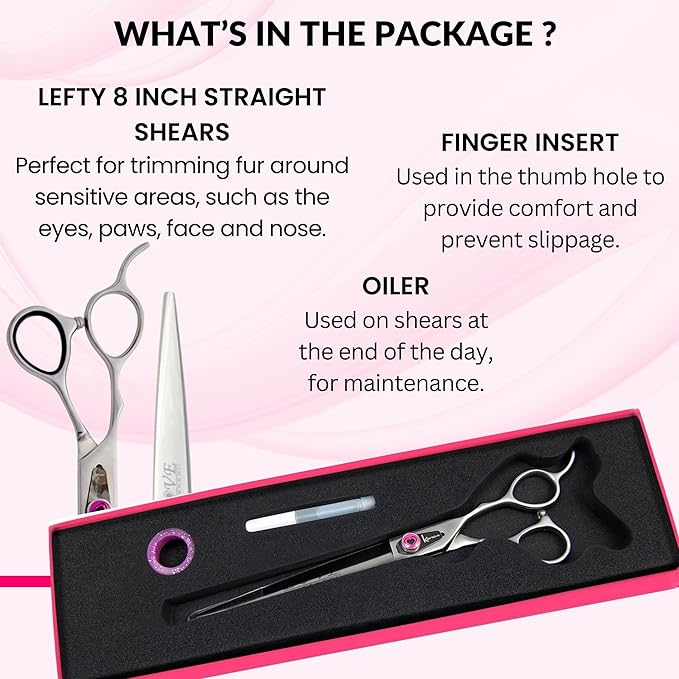 Kenchii Love Left Handed Dog Grooming Scissors, 8 Inch Straight Shears, Dog Scissors for Grooming, Professional Pet Grooming Scissors, Ergonomic &amp; Comfortable