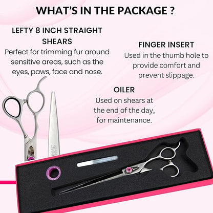 Kenchii Love Left Handed Dog Grooming Scissors, 8 Inch Straight Shears, Dog Scissors for Grooming, Professional Pet Grooming Scissors, Ergonomic &amp; Comfortable