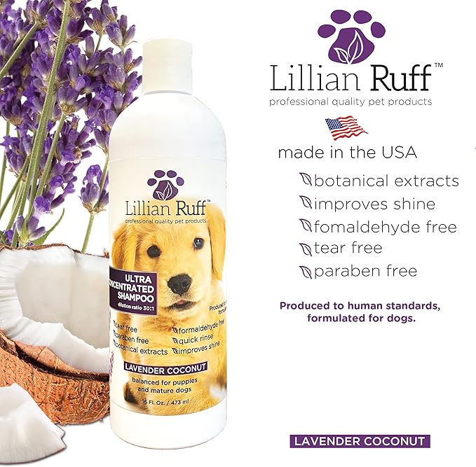 Lillian Ruff High Concentrate Professional Grooming Shampoo for Dogs with Hydrating Essential Oils – 30:1 Concentration for Bathing System - Clean, Condition, &amp; Deodorize Dry, Sensitive Skin (16oz)