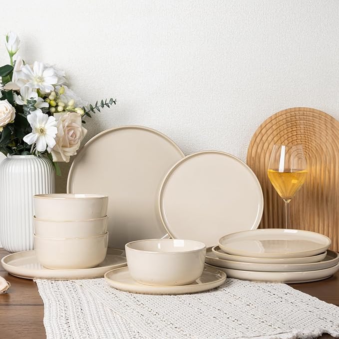 GBHOME Ceramic Dinnerware Sets for 4, 12 Pieces Stoneware Plates and Bowls Sets, Scratch Resistant Dishes, Dishwasher &amp; Microwave Safe, Reactive Glaze-Vanilla color