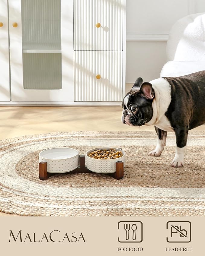 MALACASA Dog Bowl Set with Walnut Wood Stand, 1.5 Cups Ceramic Pet Bowls for Puppy Dogs, Dual Food and Water Bowls with Weighted Non-Slip Base, Basic Bowls for Your Dog or Cat, Rhombic &amp; Polka Dots