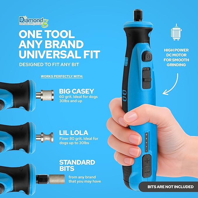 Diamondg Cordless Dog Nail Grinder with Quiet Sound &amp; LED Tip for Large &amp; Small Dogs, 4hrs. Runtime, 2 Bits Included, Blue