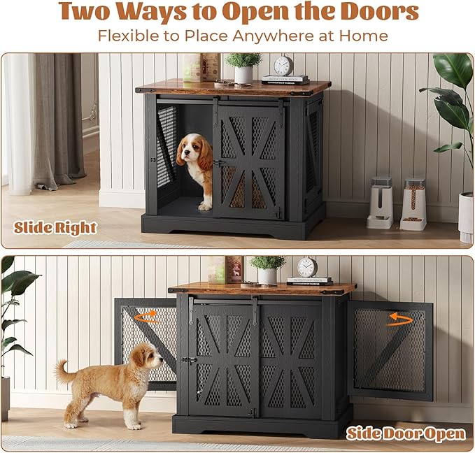 VOPEAK 27.5" Small Dog Crate Furniture, Chew Resistant Dog Crate for Puppy Dogs, Heavy Duty Small Dog Crate Dog Kennel Indoor with Double Doors, Wooden End Table for Bedroom Living Room, Black