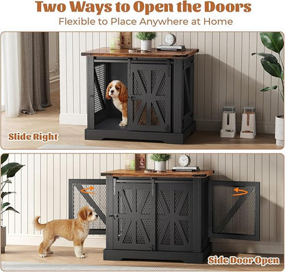 VOPEAK 27.5" Small Dog Crate Furniture, Chew Resistant Dog Crate for Puppy Dogs, Heavy Duty Small Dog Crate Dog Kennel Indoor with Double Doors, Wooden End Table for Bedroom Living Room, Black