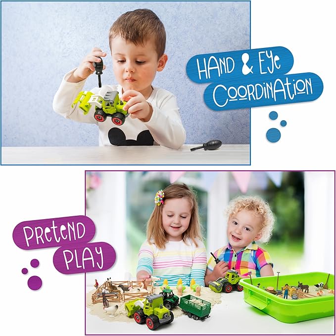59 PCS Farm Sensory Bin Sandbox with Lid, 2.2 LB Sensory Sand, 40 Toddler Farm Toys, 3 Take Apart Construction Trucks -Sensory Toys for Kids 5-7, 3-4 &amp; Up- Kids Gifts for Boys and Girls