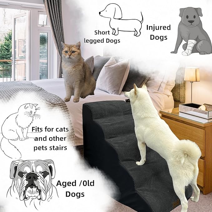 Dog Stairs &amp; Pet Ramp for Small/Large Dogs to High Beds/Couches - 5 Steps 24-inch Height for 18-30 inch Furniture, 2 Washable Covers (Black, Grey), Non-Slip Balanced 33D Design for Old Dogs &amp; Cats