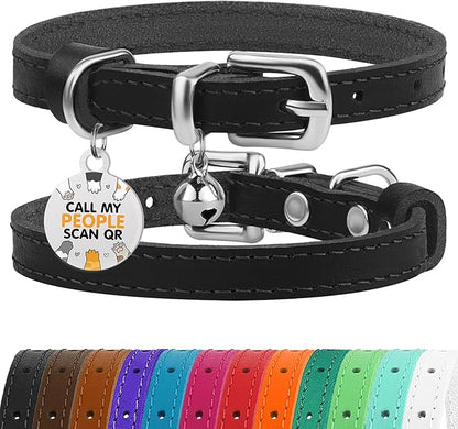 BRONZEDOG Leather Cat Collar with Removable Bells Non Breakaway Kitten QR Tag for Girl Boy (9" - 12" Cats/Mini Dogs, Black &amp; Silver)