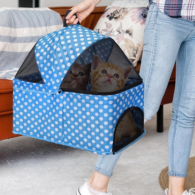 Magshion Foldable Pet Stroller, 3-in-1 Dog Travel Jogger with Detachable Carrier, Cup Holder, Storage Basket, Folding Carrier for Small/Medium Dogs &amp; Cats Up to 33 lbs, Sky Blue Polka Dots