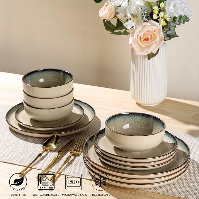 GBHOME Ceramic Dinnerware Sets for 4, 12 Pieces Stoneware Plates and Bowls Sets, Scratch Resistant Dishes, Dishwasher &amp; Microwave Safe, Reactive Glaze-Gravel