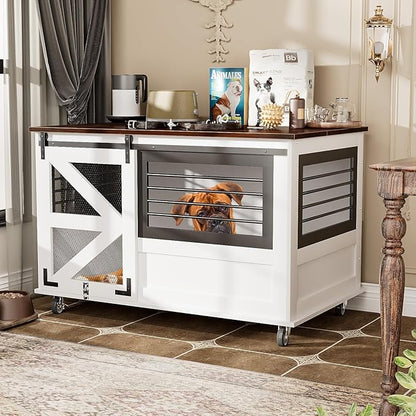 47 inch XL Dog Crate Furniture with Top-Access Teasing/Feeding Doors, Farmhouse Wooden Decorative Dog Crates with Wheels, Chew-Resistant Dog Crates End Table for Medium&amp;Large Dogs, White