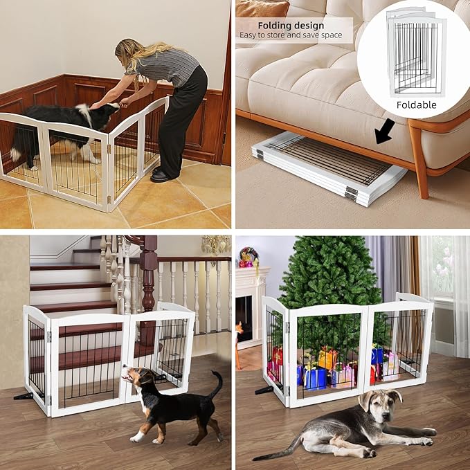 ZJSF Freestanding Dog Fence Indoor, Foldable Dog Gate for Doorways, Stairs or Hallways, Sturdy Wood Extra Wide Pet Gate with Support Feet for The House, White, 24 "Height-2 Panels