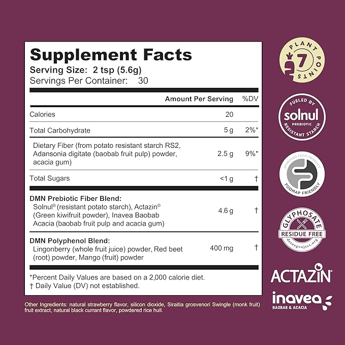 DMN (Daily Microbiome Nutrition), 6 Oz, Plant-Based Fiber Powder with 3 Different Prebiotics, Helps Digestive &amp; Gut Health, Low FODMAP Supplement, Vegan, Wild Berry Flavor, 30 Servings