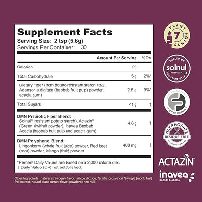 DMN (Daily Microbiome Nutrition), 6 Oz, Plant-Based Fiber Powder with 3 Different Prebiotics, Helps Digestive &amp; Gut Health, Low FODMAP Supplement, Vegan, Wild Berry Flavor, 30 Servings