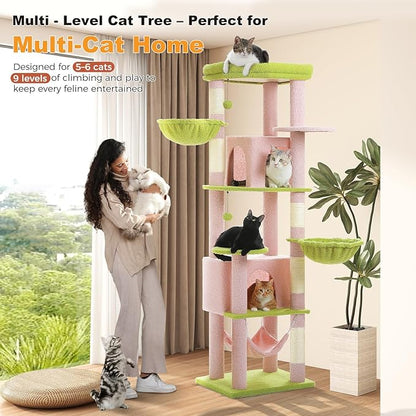 71.2" Large Cat Tree for Multi-Cat Households - Heavy-Duty 9-Level Cat Tower w/5 Sisal Scratching Posts, 2 Condos, 3 Hammocks, Extra-Large Perch &amp; Pompoms - Space-Saving, Pink