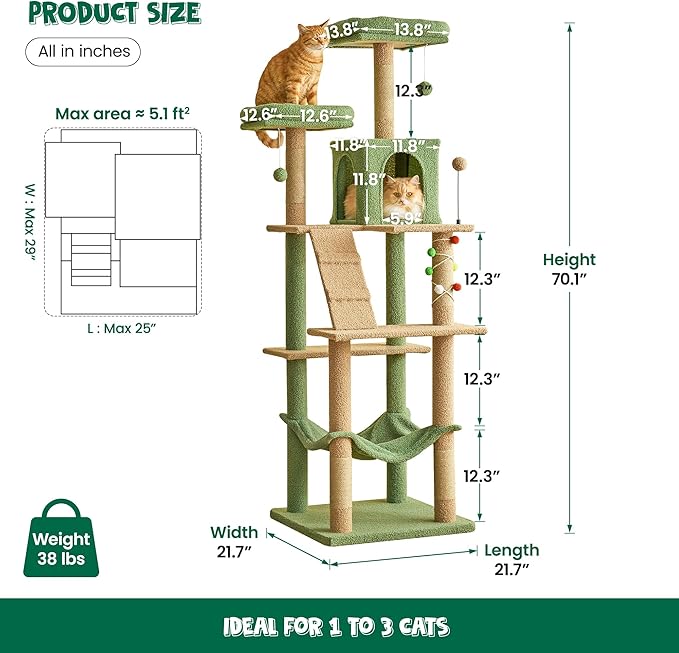 MWPO 70.1-Inch Green Large Cat Tree, Multi-Level Tall Cat Tower for Indoor Cats, Plush Cat Condo with Big Padded Perches, Sisal-Covered Scratching Posts, Hammock, Toys for Kittens &amp; Cats