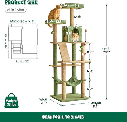 MWPO 70.1-Inch Green Large Cat Tree, Multi-Level Tall Cat Tower for Indoor Cats, Plush Cat Condo with Big Padded Perches, Sisal-Covered Scratching Posts, Hammock, Toys for Kittens &amp; Cats