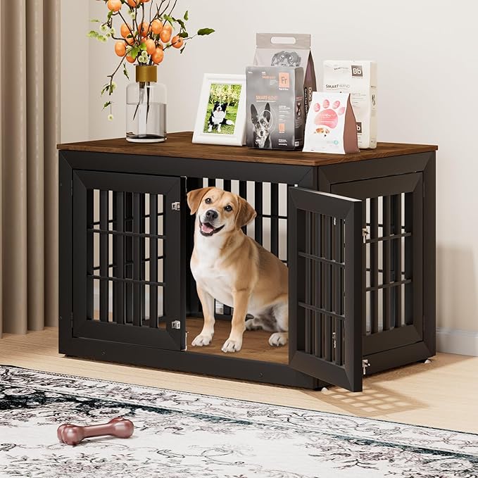 42" Heavy Duty Dog Crate Furniture for Small,Medium and Large Dogs,Rustic Wooden Dog Cage Kennel Indoor Furniture with Waterproof Top,Decorative Pet House Side End Table (Black &amp; Wood)