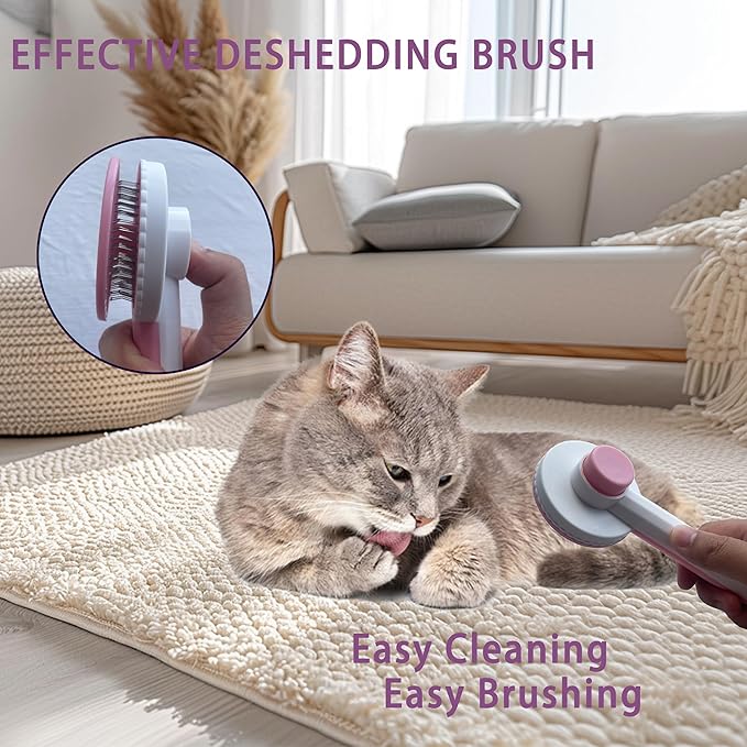 Cat Grooming Brush Kit 6 Tools - Deshedding &amp; Dematting for Long/Short Hair, Self-Cleaning Slicker Brush with 6-in-1 Flea Comb for Cats &amp; Kittens (Pink)