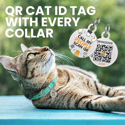 BRONZEDOG Leather Cat Collar with Removable Bells Non Breakaway Kitten QR Tag for Girl Boy (7" - 9" for Cats, Turquoise &amp; Silver)