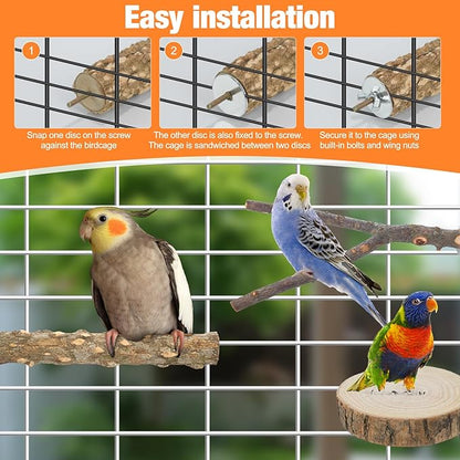 Bird Perch Stand, Pole Standing Natural Wood Bird Perch Set 7PCS Paw Grinding Fork Parrot Cage Branch with Rope Cage Accessories Toys for Parakeets, Cockatiels, Conure, Budgies