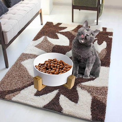 Ceramic Dog Cat Bowl with Wood Stand,Cat Food &amp; Water Bowls Elevated Non-Spill Modern Cute Kitty Dishes Heavy Weighted Round Pet Dishes Set for Kitten Small Cat(White)