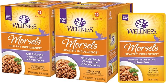 Wellness Healthly Indulgence Morsels Adult Wet Cat Food, Natural, Protein-Rich, Grain-Free, 3 Ounce Pouch, 24 Pack, (Chicken &amp; Chicken Liver)