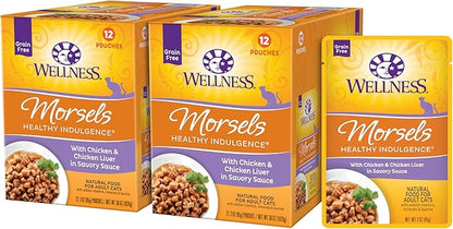 Wellness Healthly Indulgence Morsels Adult Wet Cat Food, Natural, Protein-Rich, Grain-Free, 3 Ounce Pouch, 24 Pack, (Chicken &amp; Chicken Liver)