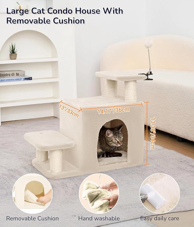 Happi N Pets Dog Stairs with Cat Scratching Post &amp; Large Condo, Stable Pet Steps for High Beds Couch, 3 Combinations Cat Ramp Tree Tower for Cats or Small Dogs, Removable Cushion &amp; Bonus Toy, Beige