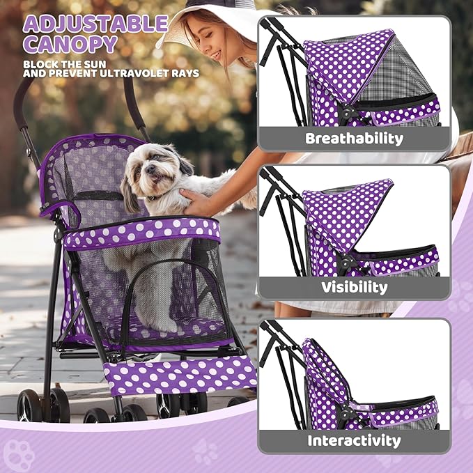 Magshion Compact Pet Stroller for Small-Medium Dogs/Cats up to 22lbs, 4-Wheel Lightweight Umbrella Shaped Portable Puppy Travel Jogger with Breathable Mesh &amp; Rear Storage, Purple Polka Dots