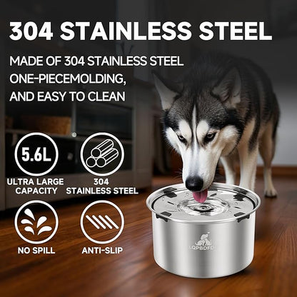 Dog Water Bowl No Spill, 5.6L/1.5 Gallon No Drip Slow Drinking Dog Water Bowl Dispenser Spill Proof, Large Stainless Steel Slobber Stopper for Messy Drinkers, Small Medium &amp; Large Dogs