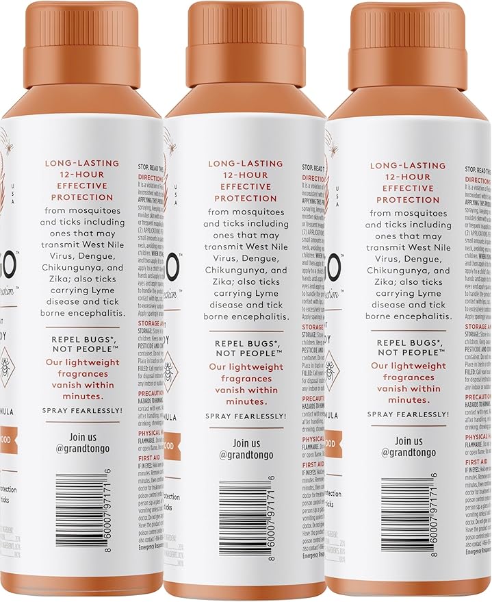 Citrus + Sandalwood Insect Repellent, 12-Hour Mosquito &amp; Tick Protection, Picaridin-Based, Water-Based, Lightweight, Quick-Drying, Vanishing Scent, DEET Alternative, Face &amp; Body Use,3 Pack