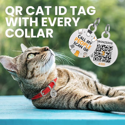 BRONZEDOG Leather Cat Collar with Removable Bells Non Breakaway Kitten QR Tag for Girl Boy (7" - 9" for Cats, Red &amp; Silver)