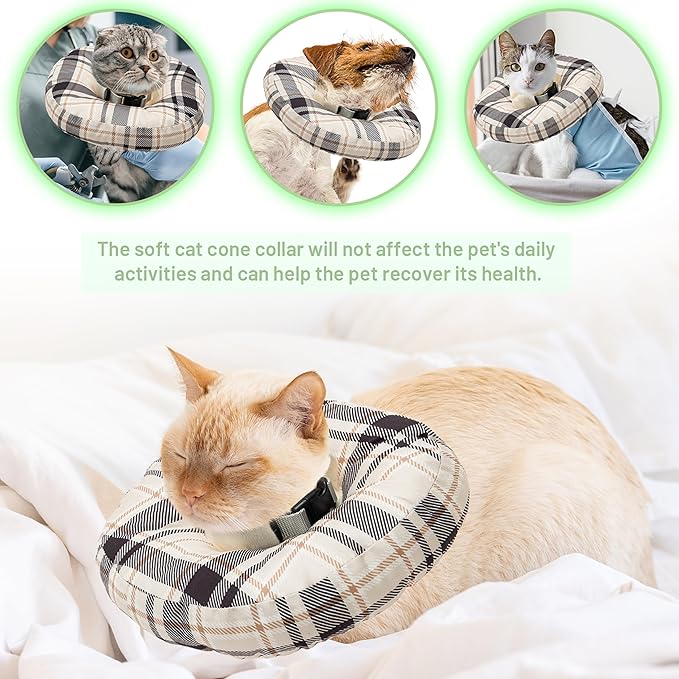 Cat Cone Collar Soft, Adjustable Plaid Elizabethan Cat Recovery Collar After Surgery to Prevent Licking &amp; Scratching Wound, Fits Small Medium Large Cats, Puppy, Small Dogs