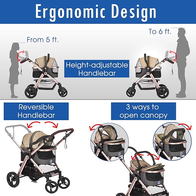 HPZ Pet Rover Prime 3-in-1 Luxury Dog/Cat Stroller (Travel Carrier +Car Seat +Stroller) with Detach Carrier/Pump-Free Rubber Tires/Aluminum Frame/Reversible Handle for Medium &amp; Small Pets (Taupe)