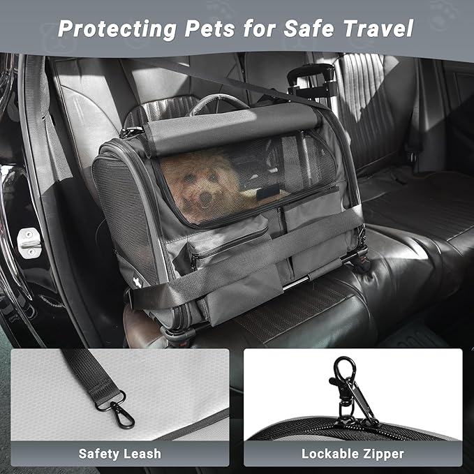 Large Pet Carrier with Wheels, Foldable Rolling Dog Carrier with Wheels and Big Pocket, Cat Rolling Bag 21"x13"x13" for 2 Cats &amp;Dogs, for Travel, Outdoor, Vet Visits, Camping, Indoor. Gray