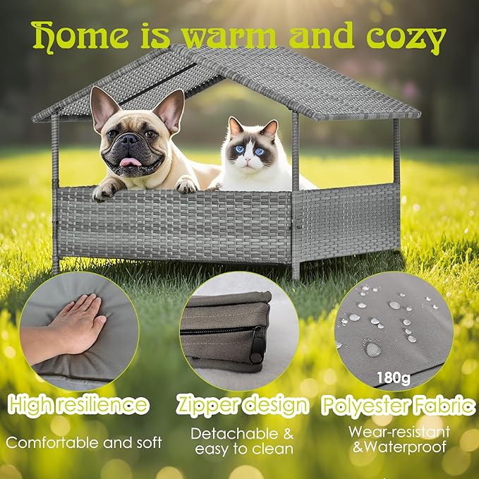 Wicker Dog House Outdoor Indoor with Canopy, Elevated Dog Shelter &amp; Dog Bed with Light Gray Cushion, Water-Resistant Raised Pet House for Small Medium Dogs, Rattan Dog Cot for Deck, Patio, Yard, Pool
