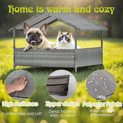 Wicker Dog House Outdoor Indoor with Canopy, Elevated Dog Shelter &amp; Dog Bed with Light Gray Cushion, Water-Resistant Raised Pet House for Small Medium Dogs, Rattan Dog Cot for Deck, Patio, Yard, Pool