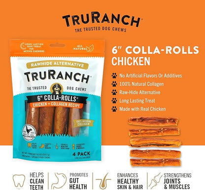 Collagen Rolls - 6" Collagen Rolls for Dogs - Long Lasting Healthy Joint Support - Rawhide Alternative - Skin &amp; Coat Health - Made with Real Chicken, Value Pack, 15 Bags, 60 Count