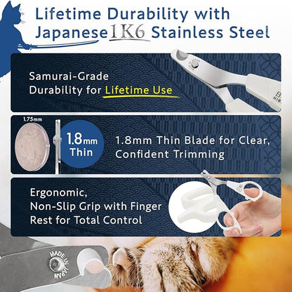 Samurai-Grade Cat Nail Clippers | Vet Recommended | Sharper, Quieter &amp; Safer | Precision Blade for Stress-Free Grooming | Non-Slip Grip | Lifetime Durability | Made in Japan