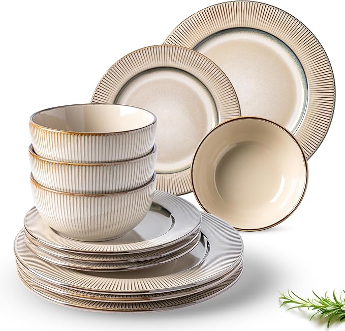GBHOME Ceramic Dinnerware Sets,12 pcs Embossed Elegant Stoneware Plates and Bowls Sets, Housewarming Wedding Gift | Dishwasher &amp; Microwave Safe | Dishes Set Service for 4