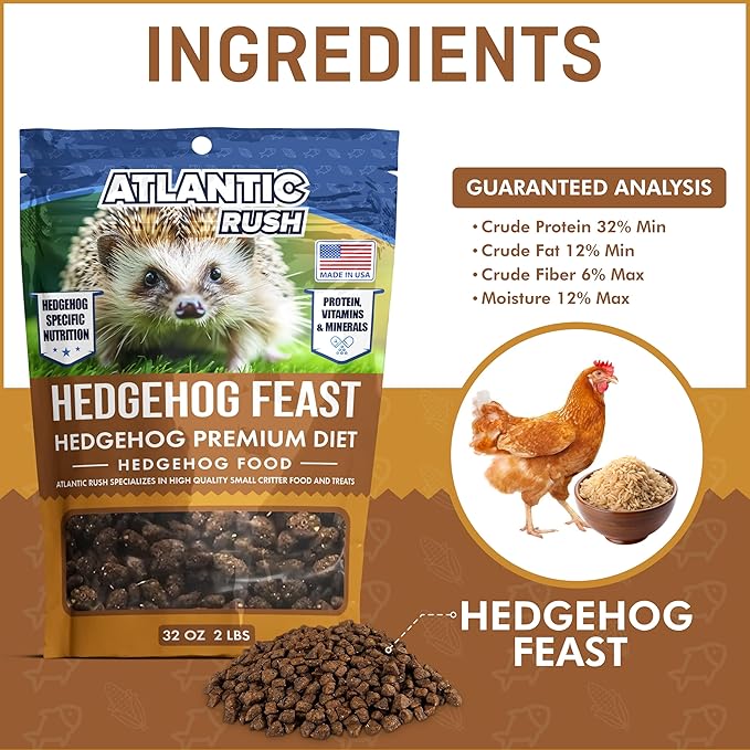 Atlantic Rush Hedgehog Feast Premium Food - 2lb Resealable Bag of Hedge Hog Delite- Small Critter Supplies Hedge Hog Food - Hedgehog Treats- Sourced &amp; Made in The USA