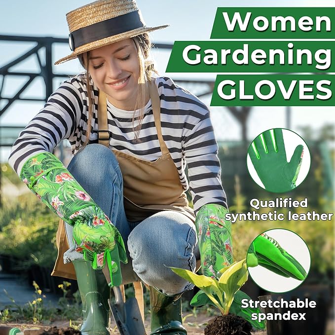 HANDLANDY Women Gardening Gloves, Thorn Proof Breathable Ladies Rose Pruning Long Gauntlet Floral Print Garden Yard Gloves, Gift for Gardeners (Green, XL)