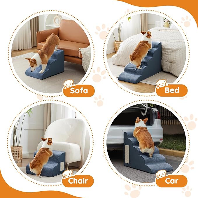 Navy Portable Pet Steps - 4-Step Dog &amp; Cat Ramp for Bed, Couch, Sofa &amp; Chairs - Non-Slip, High Density Foam