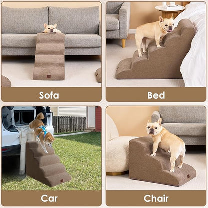 EHEYCIGA Curved Dog Stairs Ramp for High Beds 22.6" H, 5-Step Dog Steps for Small Dogs and Cats, Pet Stairs for High Bed Climbing, Non-Slip Balanced Pet Step Indoor, Camel