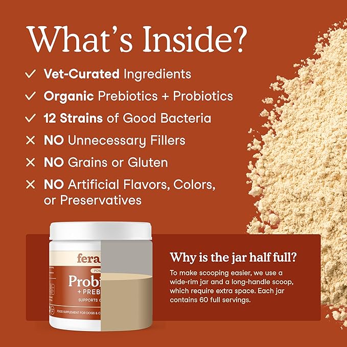 Fera Pets Probiotics for Dogs &amp; Cats with Prebiotics - USDA Organic - Gut Health Powder Supplement with 12 Strains and 5 Billion CFUs - Supports Immunity, Energy and Skin &amp; Coat - 60 Scoops